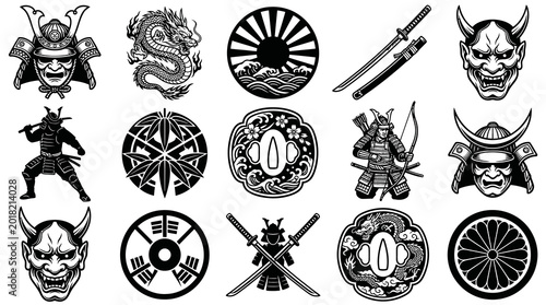 Japanese Culture Vector Emblems  Icons Set. Samurai, Oni Mask, Dragon, Katana, Mon Traditional Black Line Art