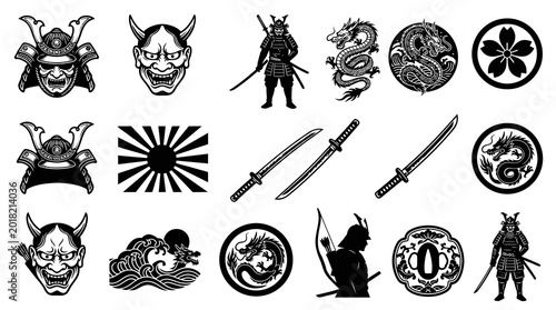 Japanese Samurai Culture Black  White Line Art Vector Set: Helmets, Oni Masks, Katanas, Dragons, Sakura, Tsuba