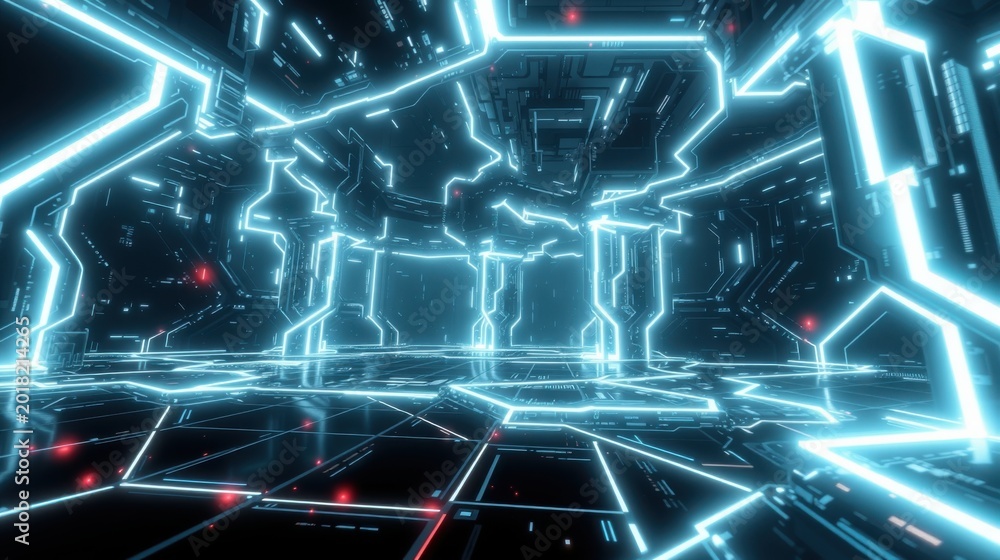 Fototapeta premium Futuristic tunnel glows with bright neon lines. Complex grid patterns extend into darkness. Digital aesthetic dominates space.