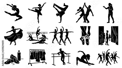 Diverse Dance  Performing Arts Vector Silhouette Icons Set: Ballet, Hip Hop, Contemporary Dancers  Studio Elements