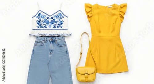 Bright summer outfits featuring a yellow dress and embroidered floral top