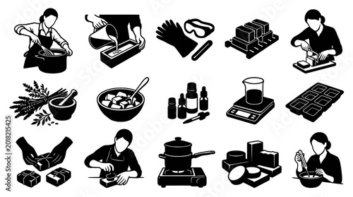 Crafting Homemade Soap: Manufacturing Process, Ingredients, and Tools Black  White Glyphs Icons