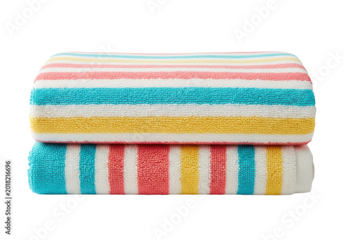 Folded striped beach towels isolated on transparent background