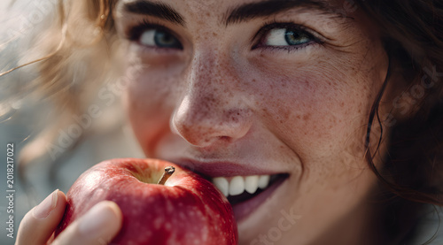 A portrait of a woman enjoying a fresh apple bite is designed to showcase the health and wellness lifestyle. The portrait features a natural smile, soft daylight, crisp fruit details, and bright outdo