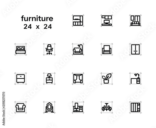 Set of minimalist outline icons featuring furniture and interior design. 24x24, editable outline.