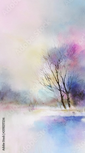 Dreamy Watercolor Winter Landscape With Bare Trees