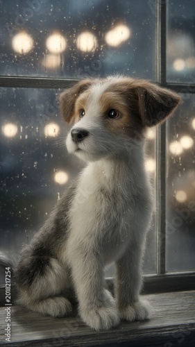 Cute Puppy Sitting by Rainy Window at Night