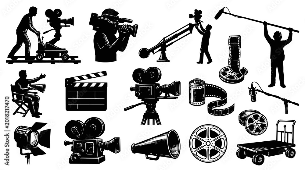 Fototapeta premium Black and White Vector Icons of Filmmaking Equipment and Crew