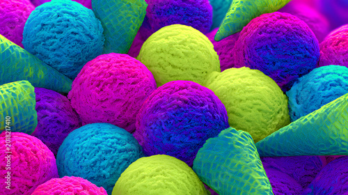 Neon rainbow ice cream background with bold colorful scoops and playful pop art dessert fun