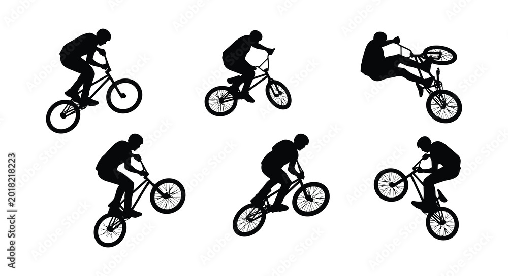 Obraz premium Bicycle silhouettes performing tricks flat vector illustration on white background