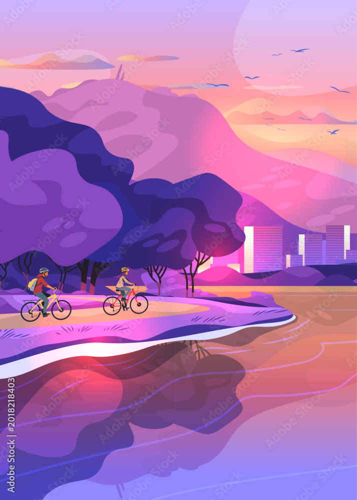 Naklejka premium Belo Horizonte Brazil cycling park sunset skyline lake colorful landscape modern cityscape nature recreation outdoor activity template