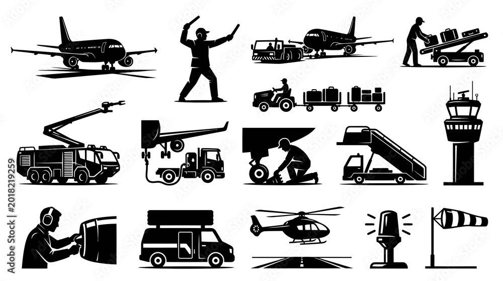 Obraz premium Airport Transportation and Aviation Service Icons, Black and White Vector Graphics