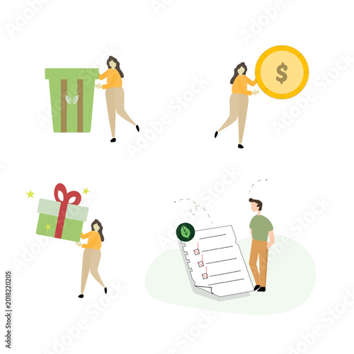 Flat Design Concept Illustration Of People Interacting With Various Objects For Business And Lifestyle. Collection of four flat design illustrations, each depicting a person engaged in a different act