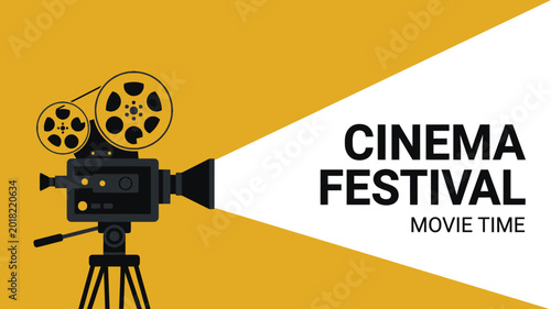 Vintage film camera projecting a bright beam of light for a professional cinema festival event 