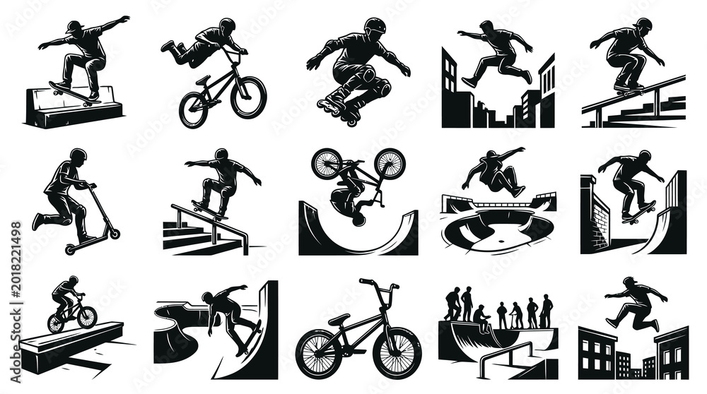 Fototapeta premium Extreme Action Sports Figures Vector Silhouettes Set: Skateboarding, BMX, Parkour, Scooter, Rollerblading