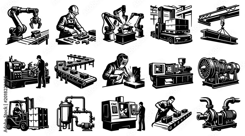 Obraz premium Black White Line Art Industrial Manufacturing Engineering Icons Set: Production, Robotics, Logistics, Machinery.