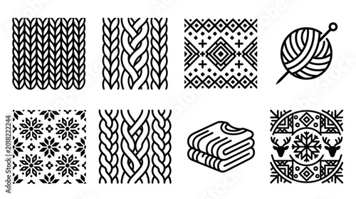 Cozy Knitting Yarn and Winter Textile Patterns Icon Set on Isolated White Background