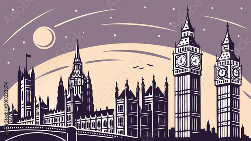 Bild auf Leinwand Vector illustration of the Houses of Parliament and Big Ben at night