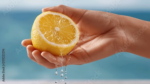 Hand holds fresh lemon, juice drips slowly. Sunlit skin glistens with natural warmth. Ocean waves blur softly behind the hand. Bright yellow fruit pulses with freshness. Perfect for health, wellness