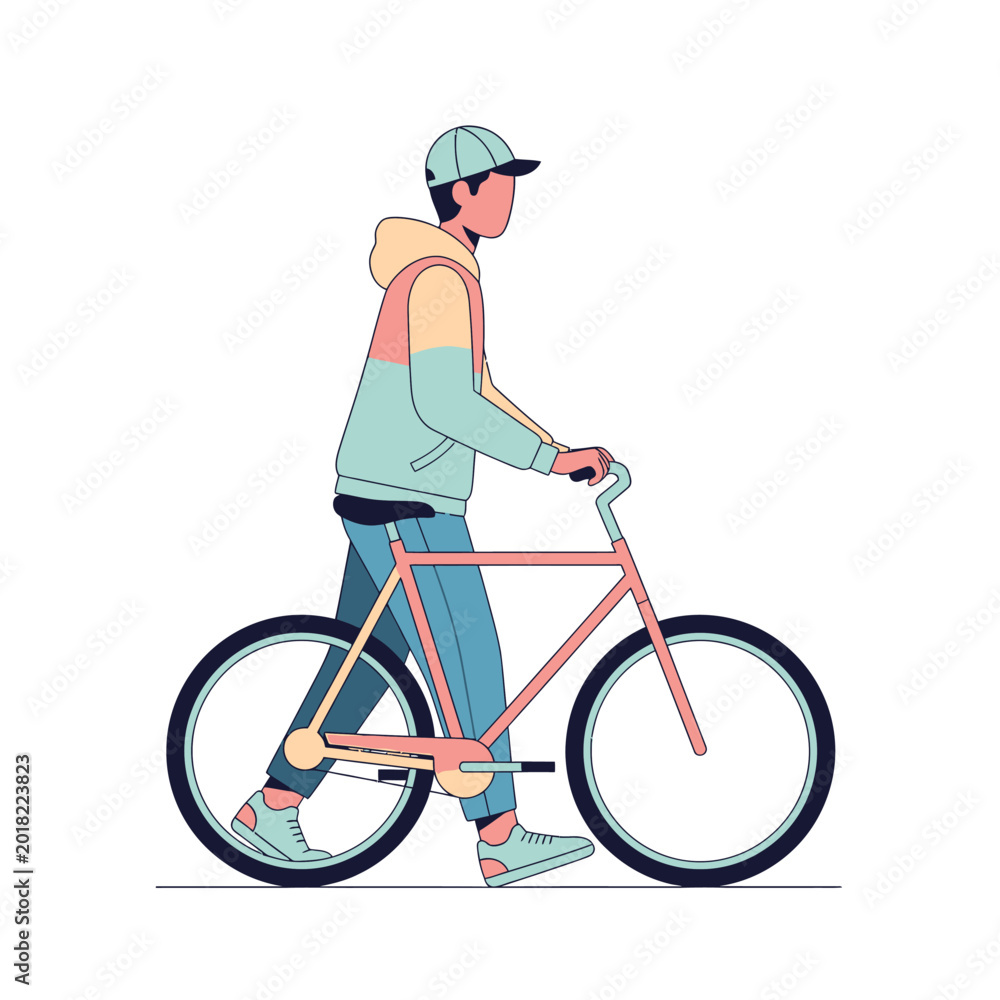 Naklejka premium Man walking with bicycle wearing casual clothing and cap