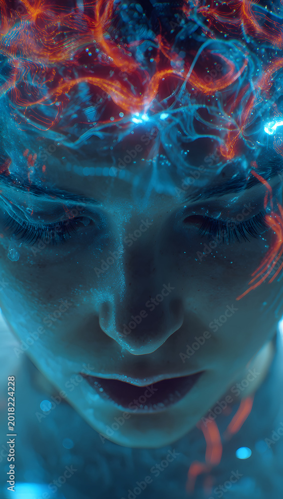 Fototapeta premium Woman's mind is being controlled and hypnotized through a digital visualization of brain waves and psychological manipulation. The idea of a subconsciously influenced and brainwashed mind is a surreal