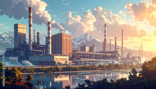 Industrial factory complex emits smoke near serene lake and snow-capped mountains at sunrise