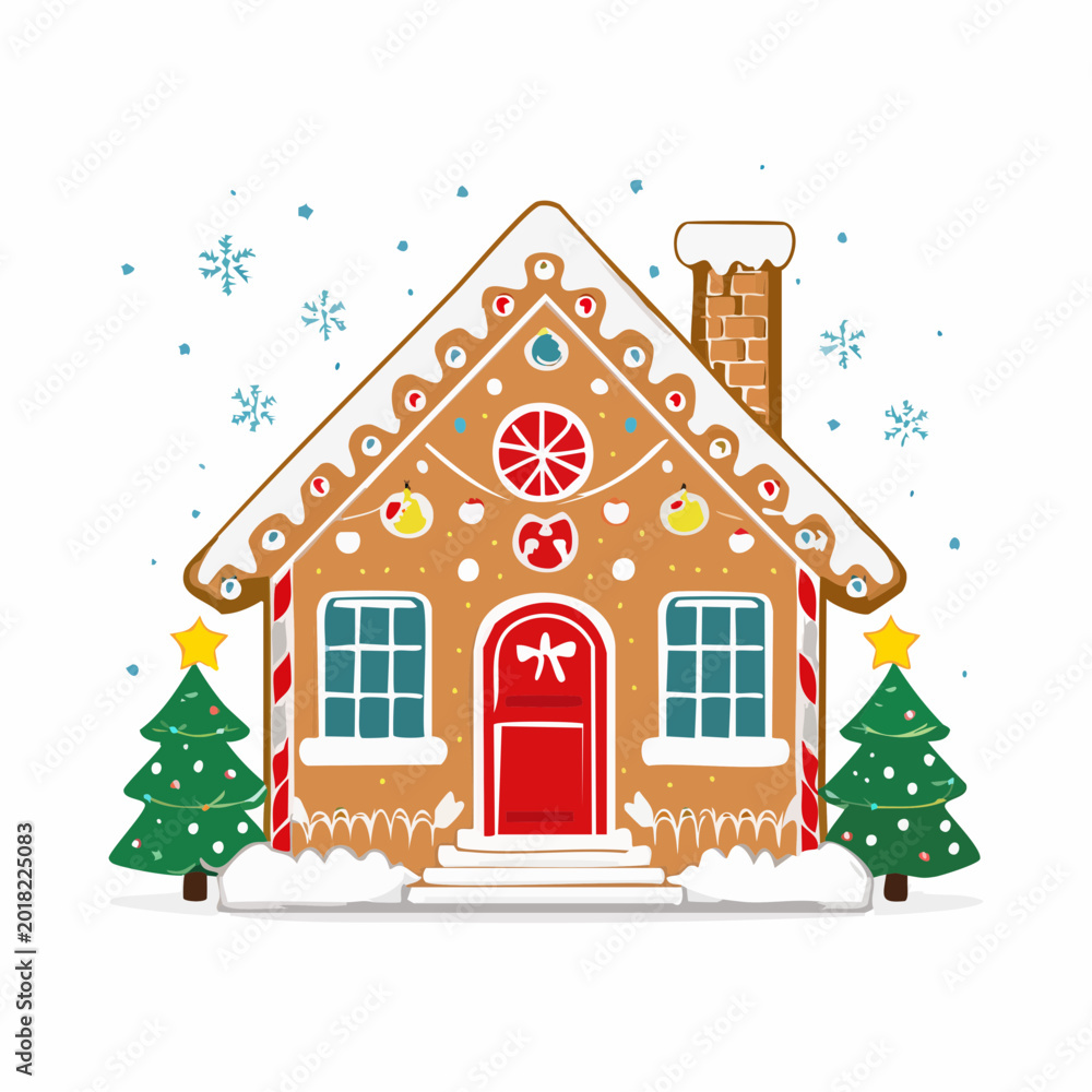 Fototapeta premium Gingerbread House with Christmas Trees and Snowflakes