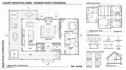 Canvastavla Luxury mountain cabin floor plan with furniture concepts and material palette
