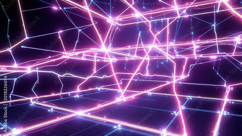Fototapeta premium Abstract neon grid. Bright lines intersect over dark background. Futuristic digital network visualization. Complex connections, glowing patterns.