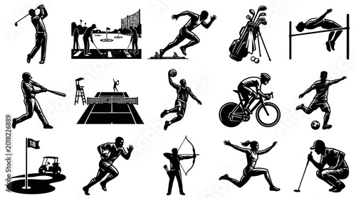 Sports and Recreation Black  White Silhouette Vector Icon Set of Athletes and Activities