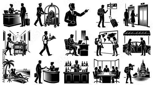 Black and White Vector Icons: Hotel and Travel Scenes for Hospitality Industry