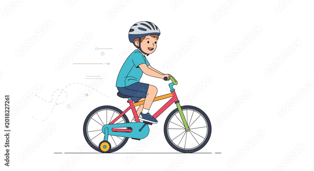 Fototapeta premium Young boy wearing a safety helmet riding a bicycle with training wheels, shown in a dynamic motion to encourage active outdoor play.