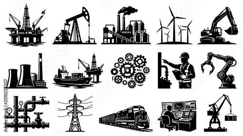 Industrial Production Black and White Glyph Vector Icons Set - Engineering, Energy, Manufacturing Symbols