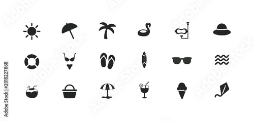 Summer Holiday icons set. Summer vector icon pack. Summer season containing sun, travel, vacation, beach, tourism and more. 