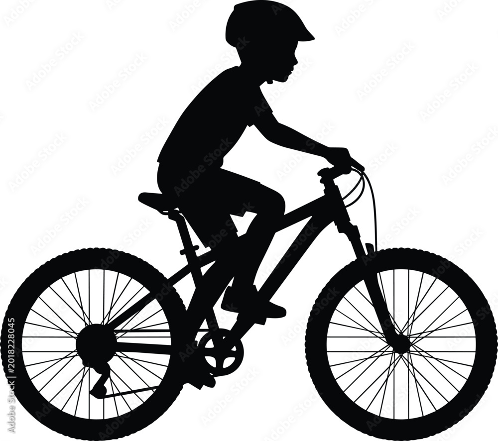 Naklejka premium Young Cyclist Silhouette Riding Mountain Bicycle Featuring Outdoor Sports Activity and Healthy Lifestyle Adventure Design