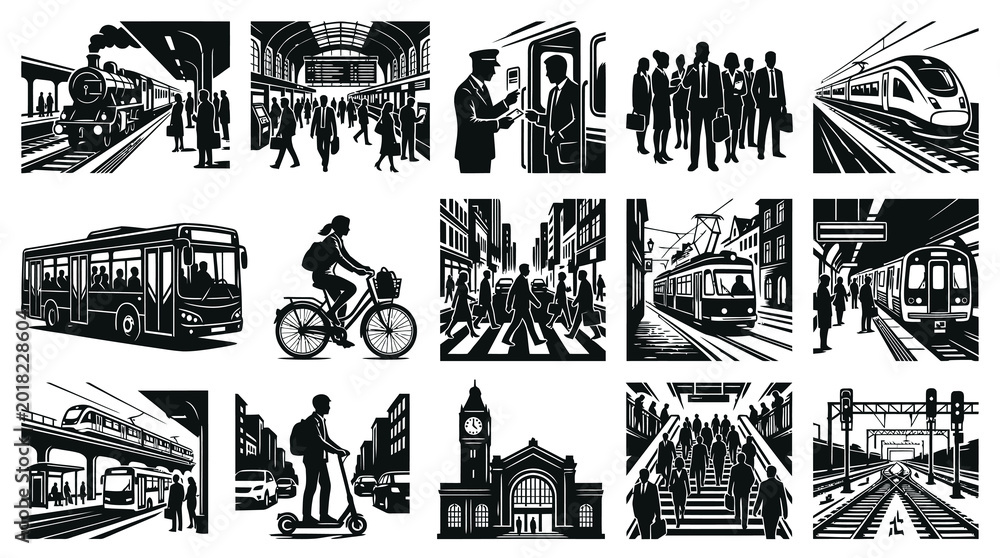 Obraz premium Black White Vector Art: Diverse Public Transportation and City Life Scenes