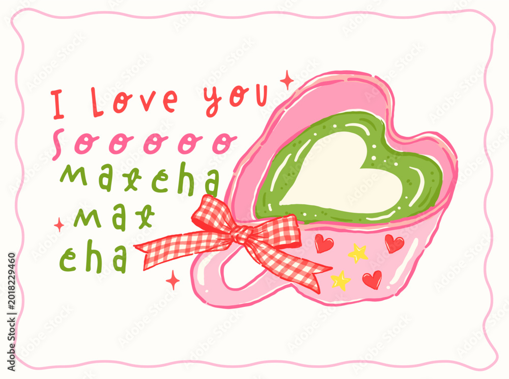 Fototapeta premium Whimsy girly matcha latte heart cup coquette gingham bow Saying quote whimsical hand drawn doodle