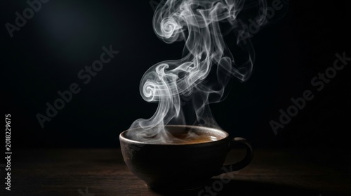 Steaming cup of hot beverage against dark background