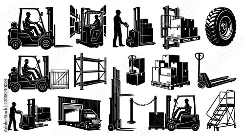 Black and White Icons of Forklifts, Pallets, and Warehouse Equipment in Vector Art