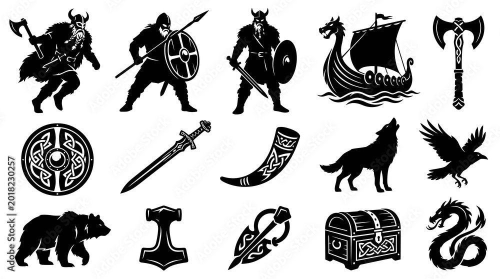 Fototapeta premium Viking and Norse Mythology Black Silhouette Vector Icons Collection: Warriors, Longship, Animals, Symbols