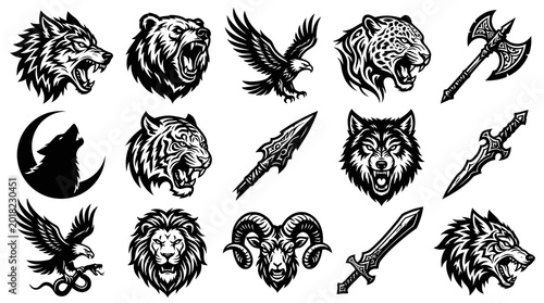 Black and White Line Art Vector Collection of Wild Animal Heads and Ancient Weapons for Gaming, Fantasy, and Tribal Design