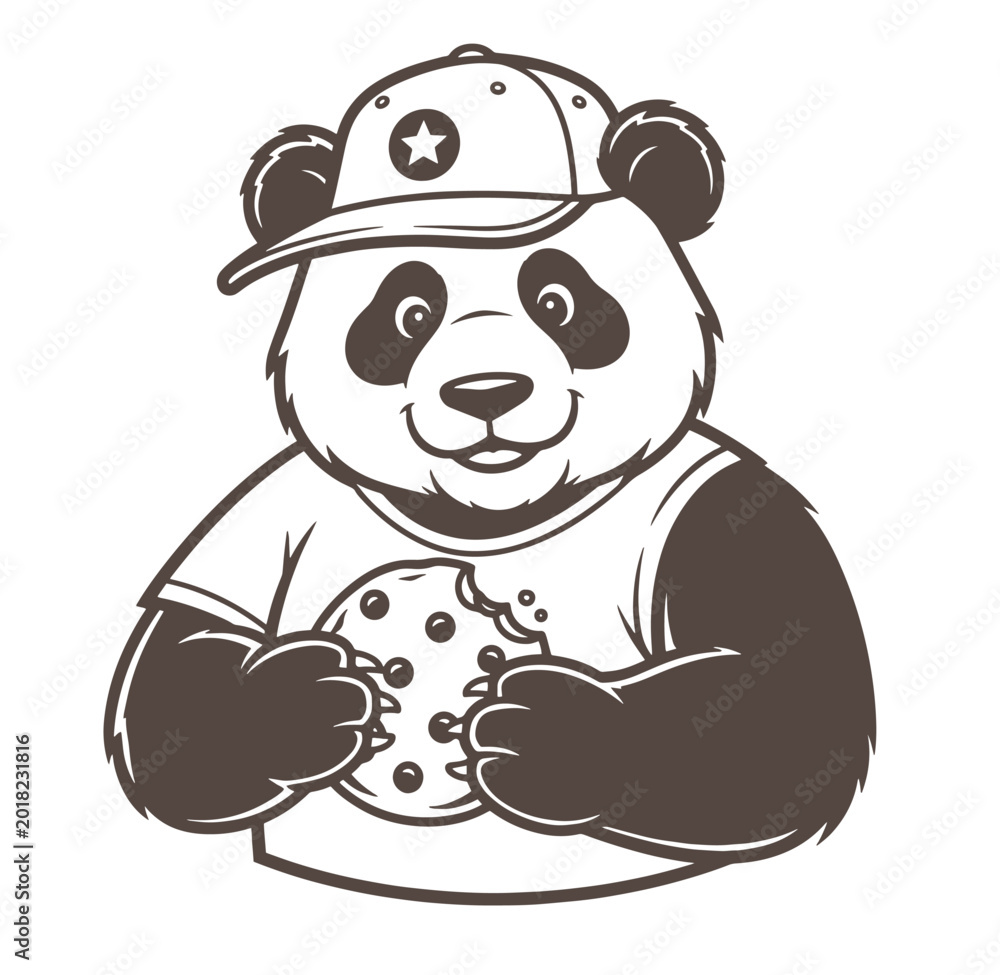 Fototapeta premium Panda wearing a baseball cap and a t-shirt holding a cookie t shirt bear cub black and white baked goods choc chip character desi
