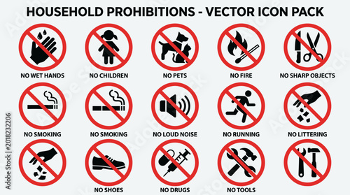 A collection of household prohibition signs featuring various icons and symbols.