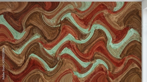 Seamless horizontal wave texture with rich earth tones Peru and Firebrick contrasted by Light Sea Green accents, modern abstract art wallpaper, full bleed