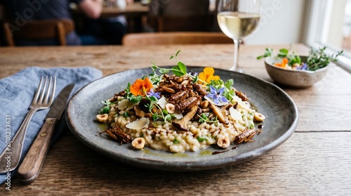 Exquisite Risotto Delight: A culinary masterpiece awaits, showcasing a beautifully plated risotto adorned with edible flowers and herbs, complemented by a glass of white wine
