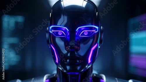 Neon Cyberpunk Robot Face with Glowing Purple Lights in Futuristic AI Technology Environment
