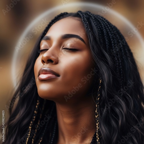 Portrait captures serene young woman with braided hair experiencing deep relaxation outdoors