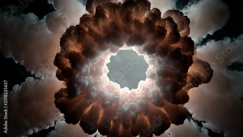 Looking through a dark tunnel made of thick volumetric smoke clouds