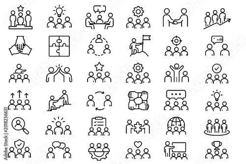 Teamwork and Collaboration Line Icon Set with Partnership, Networking, and Community Symbols
