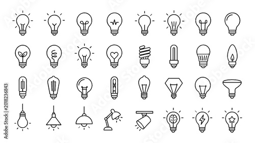 Light Bulb and Idea Line Icon Set with Innovation, Creativity, and Concept Symbols